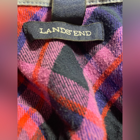 Lands End Red Purple Blue 100% Flannel Button Up Shirt Size M Gently Used - Picture 4 of 6